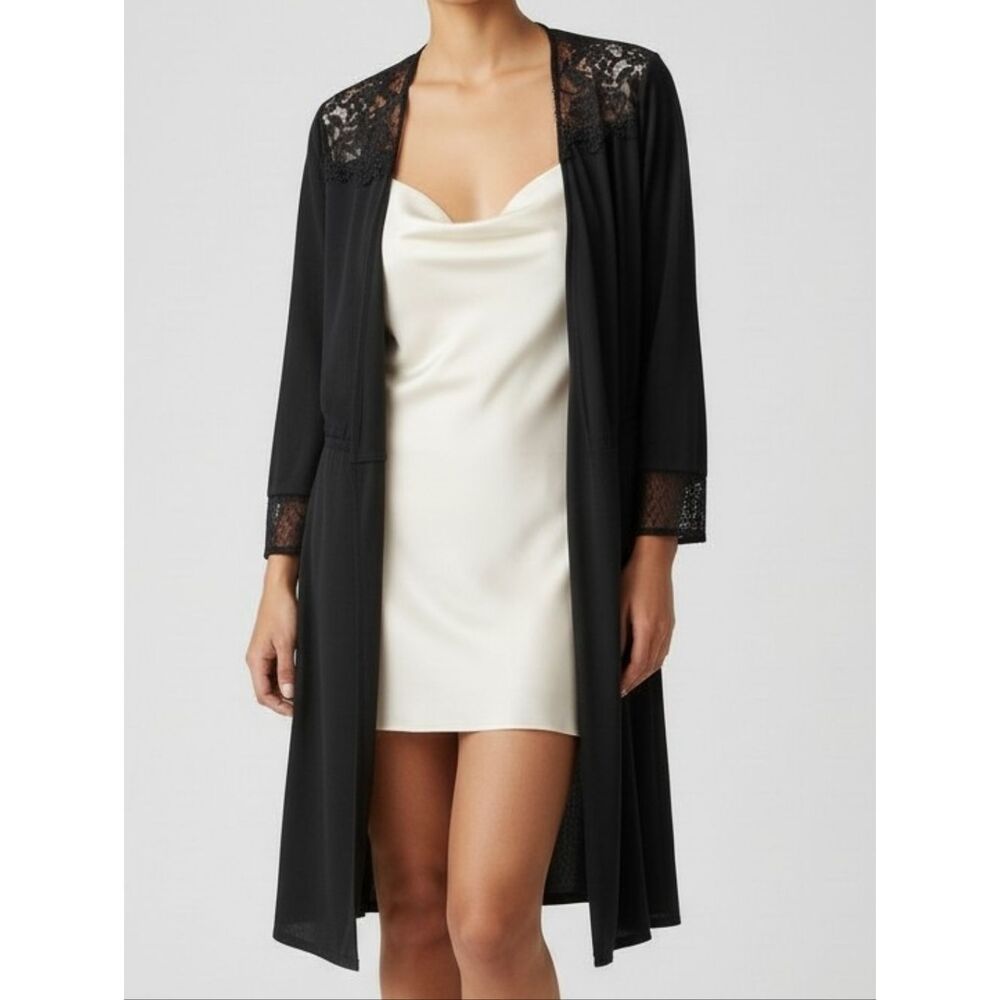 Calvin Klein Sleepwear Black Satin Open Robe with Lace and Diamond Mesh Trim